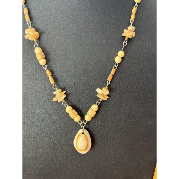 Shell Pendant Necklace With Beaded Wood Accents & Adjustable Chain - Picture 2 of 4